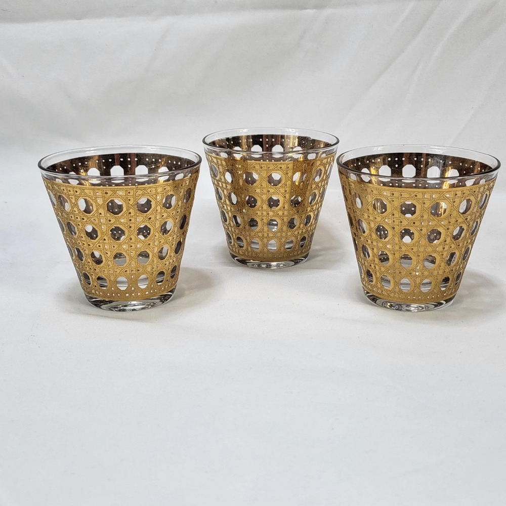 Culver Cane Gold Rocks Glasses Set of 3 Mid Century Modern Gold Barware Vintage